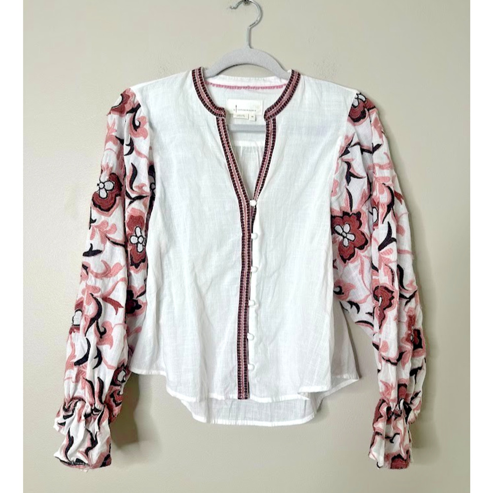 Anthropologie Simona Top‎ Womens XS White Pink Embroidered Floral Puffy Sleeve